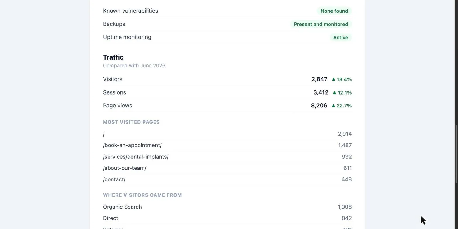 Client report traffic section showing visitors, sessions and page views up on the previous month, with most visited pages and where visitors came from