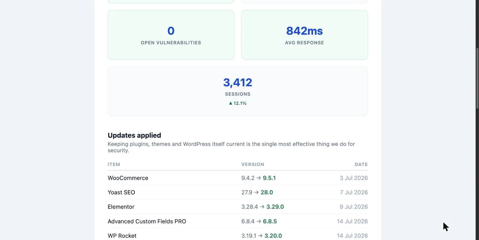 Client report update log listing WooCommerce, Yoast SEO, Elementor and other plugins with the versions they moved between and the date each was applied