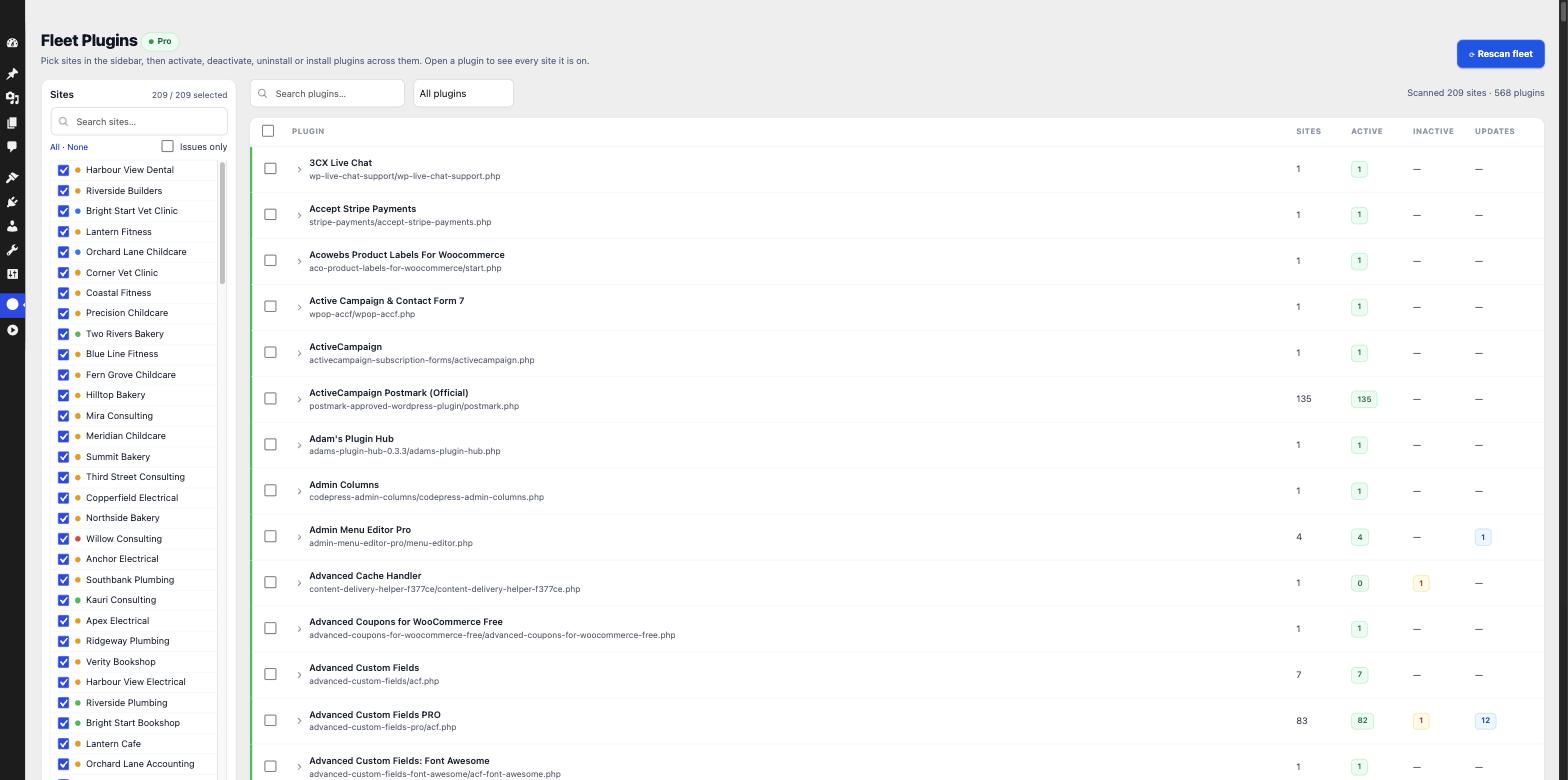 Siteward Pro fleet plugin management showing 568 plugins across 209 sites with active, inactive and update counts per plugin
