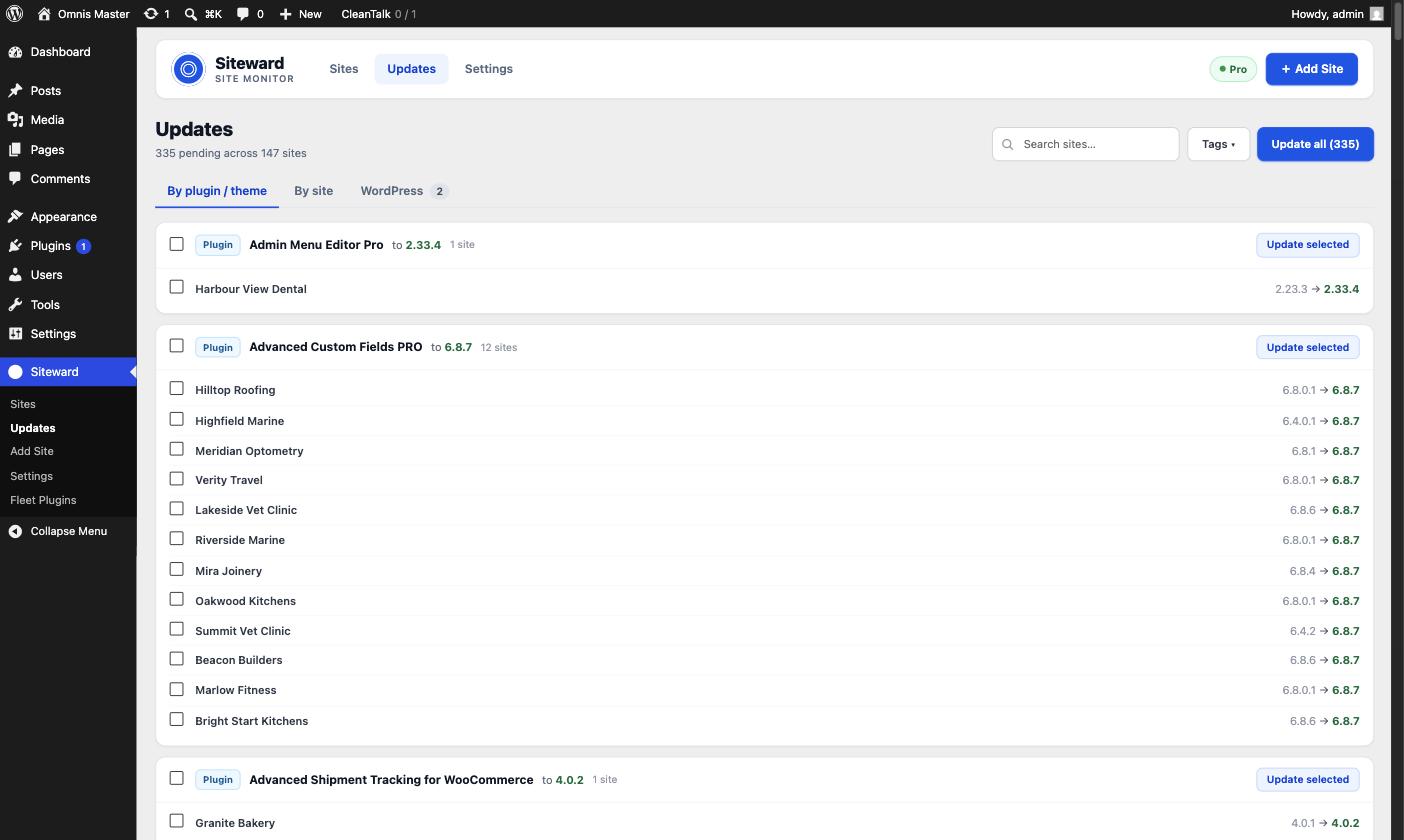 Siteward Updates screen showing 335 pending updates across 147 sites, grouped by plugin with current and target versions