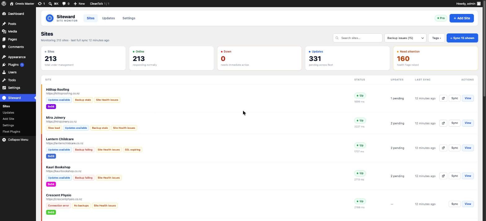 Siteward overview filtered to sites with backup problems, showing backup stale, backup failing, no backups and SSL expiring flags