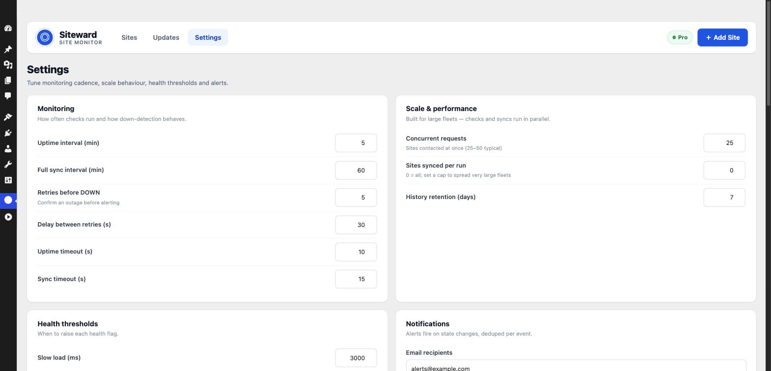 Siteward settings for uptime interval, retries and health thresholds