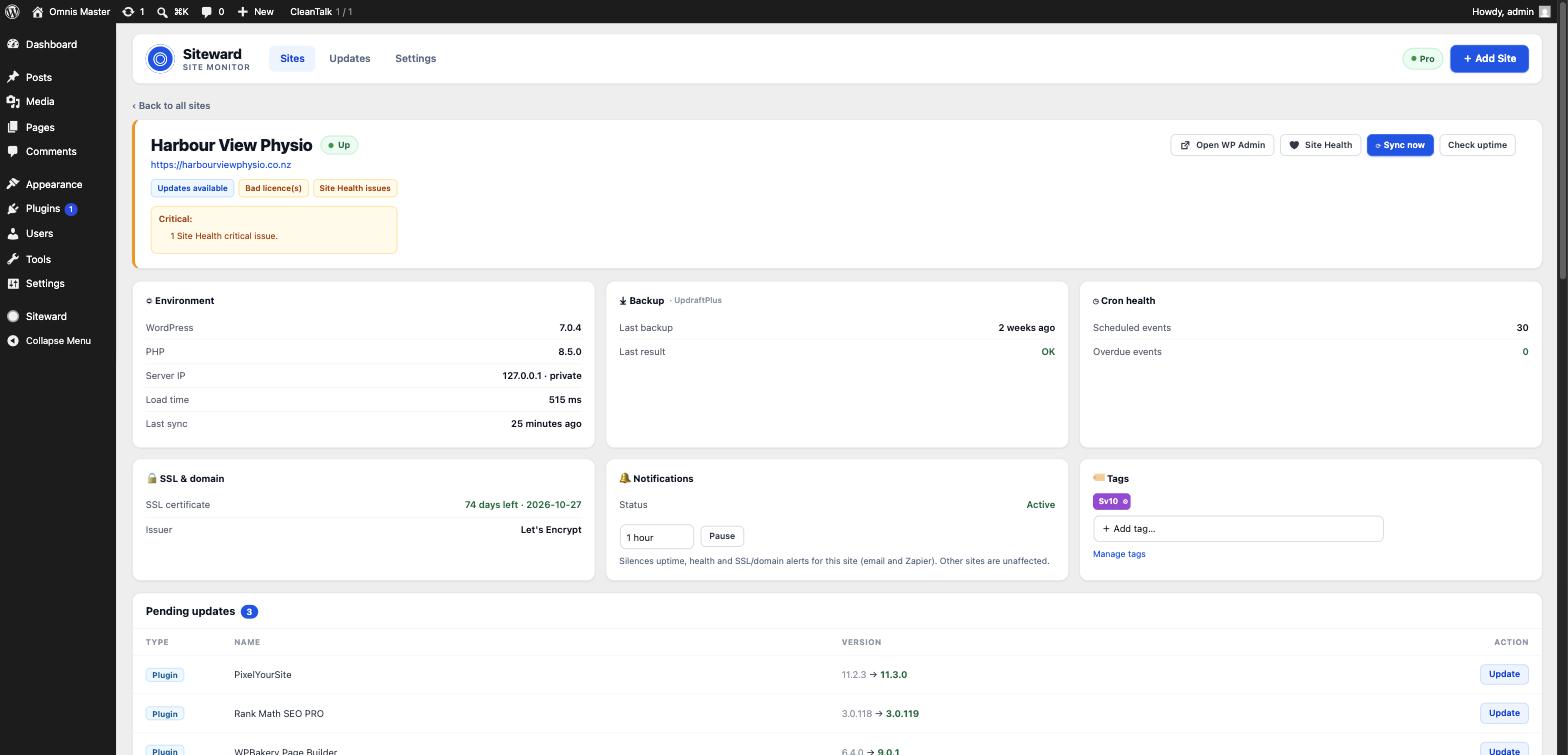 A single site in Siteward showing WordPress and PHP versions, UpdraftPlus backup status, WP-Cron health, SSL expiry date and pending updates